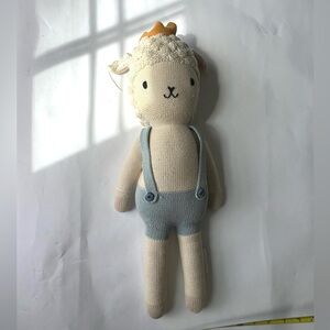 Plush Knit Lamb Doll in Cream with Blue Overalls
